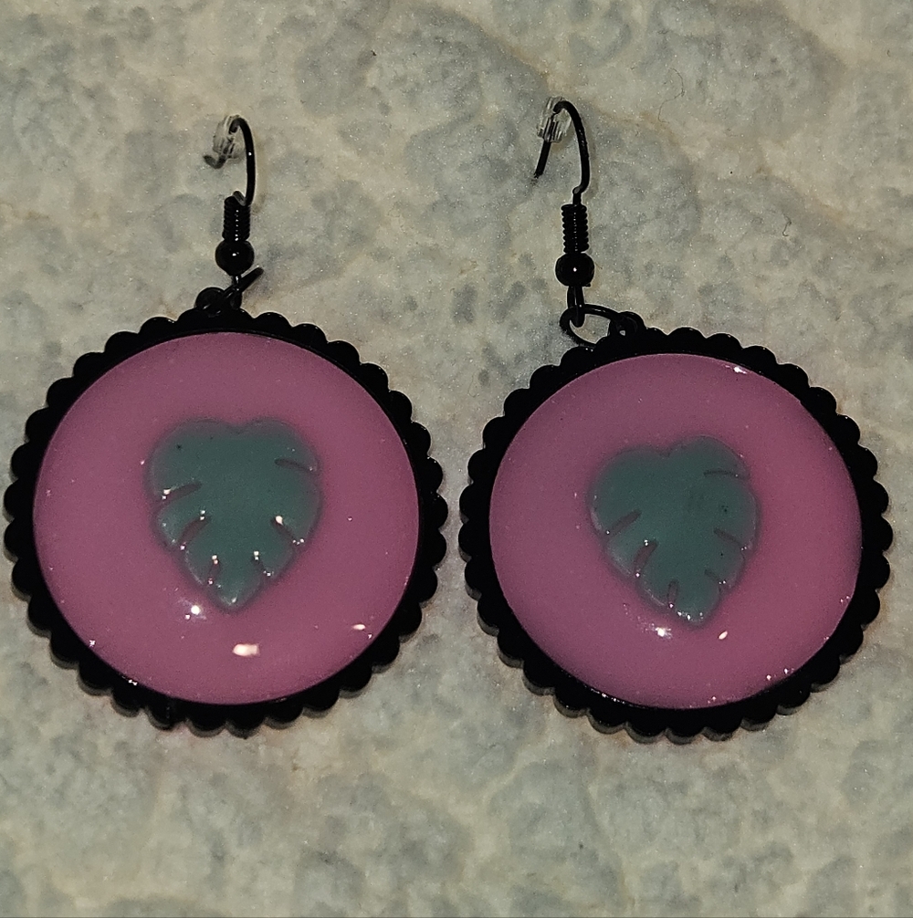 New Handmade Resin Boho Pink and Green Monstera Leaf Earrings